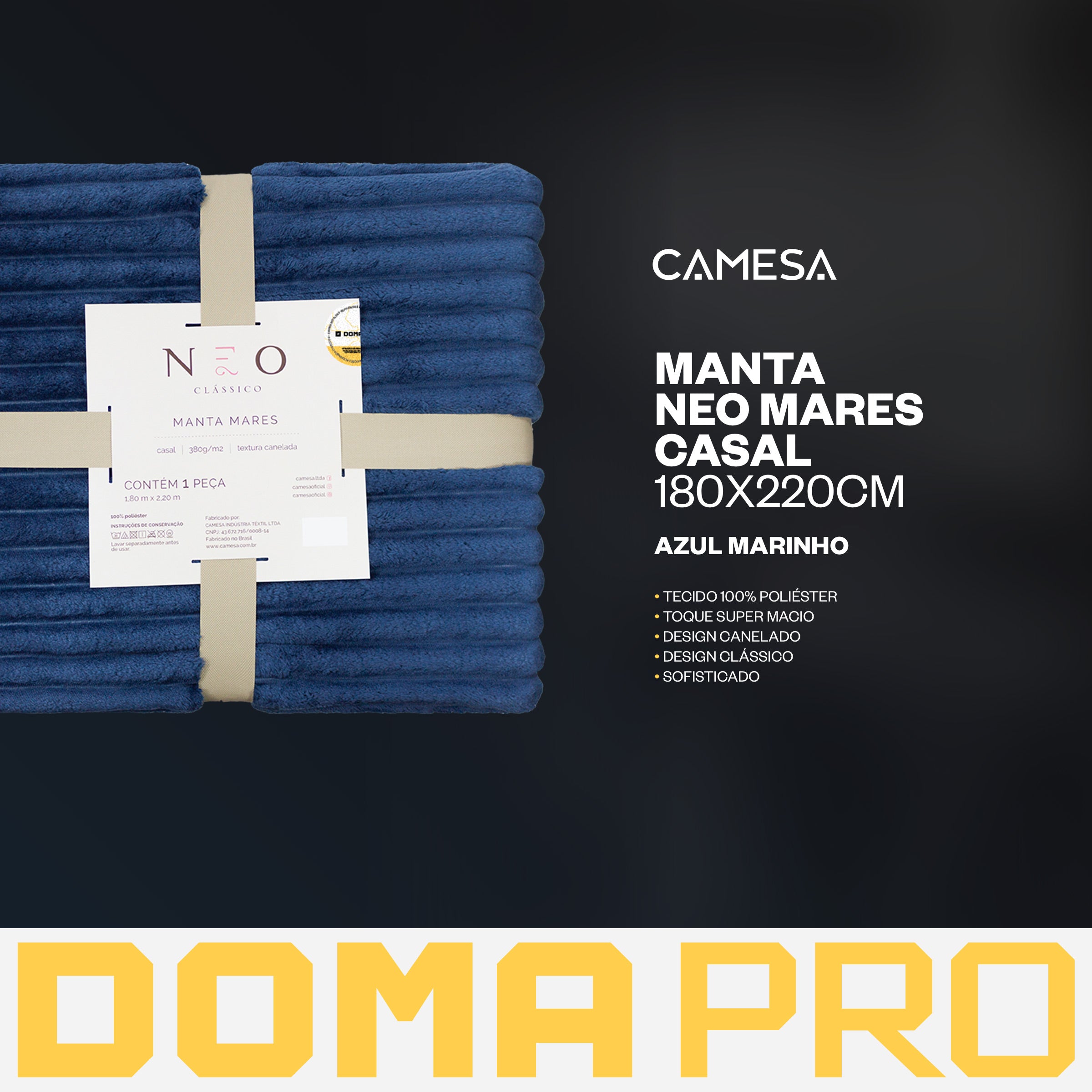 Manta Neo Mares Azul Marinho Casal 180x220cm Camesa Tecido Macio Acabamento Canelado