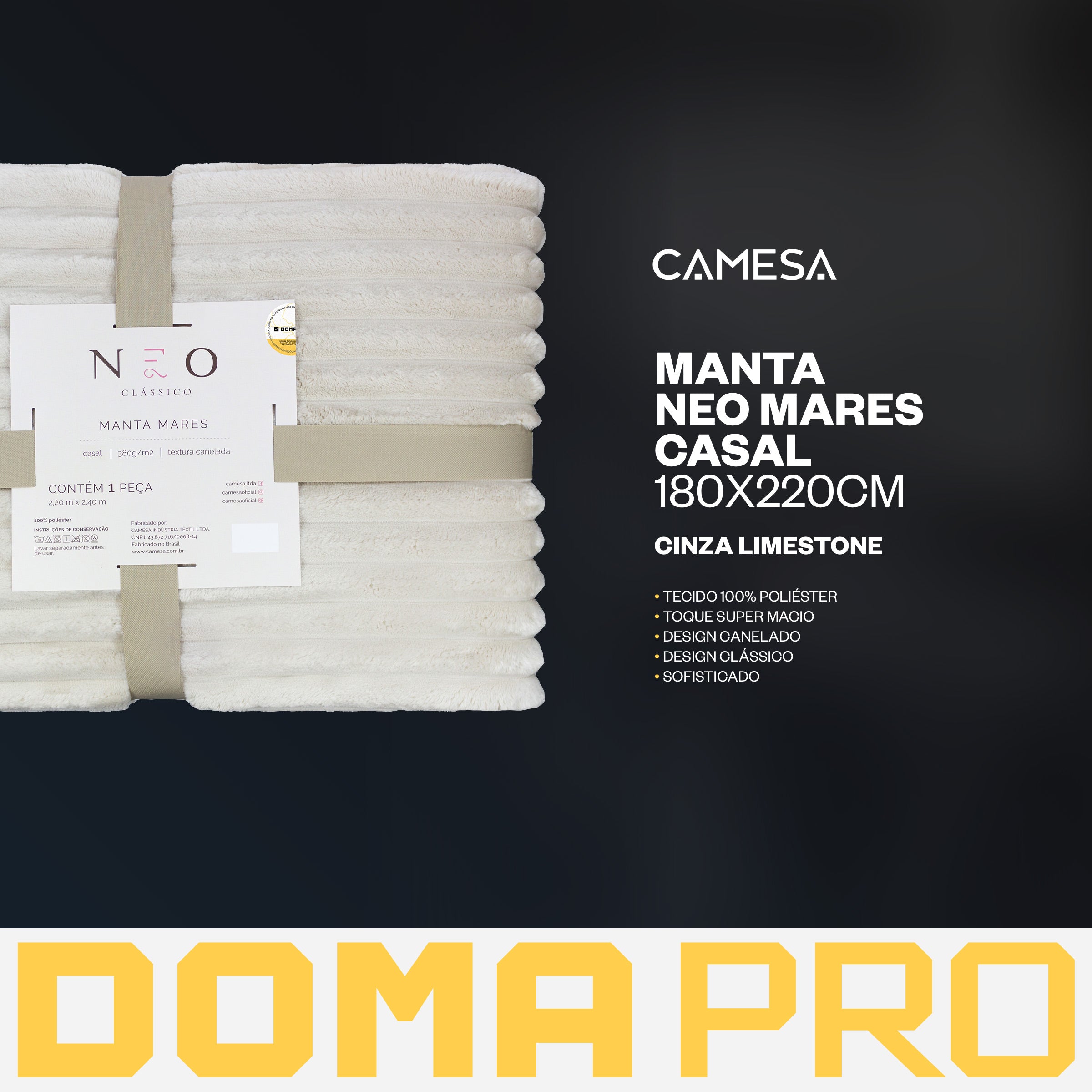 Manta Neo Mares Cinza Limestone Casal 180x220cm Camesa Tecido Macio Acabamento Canelado