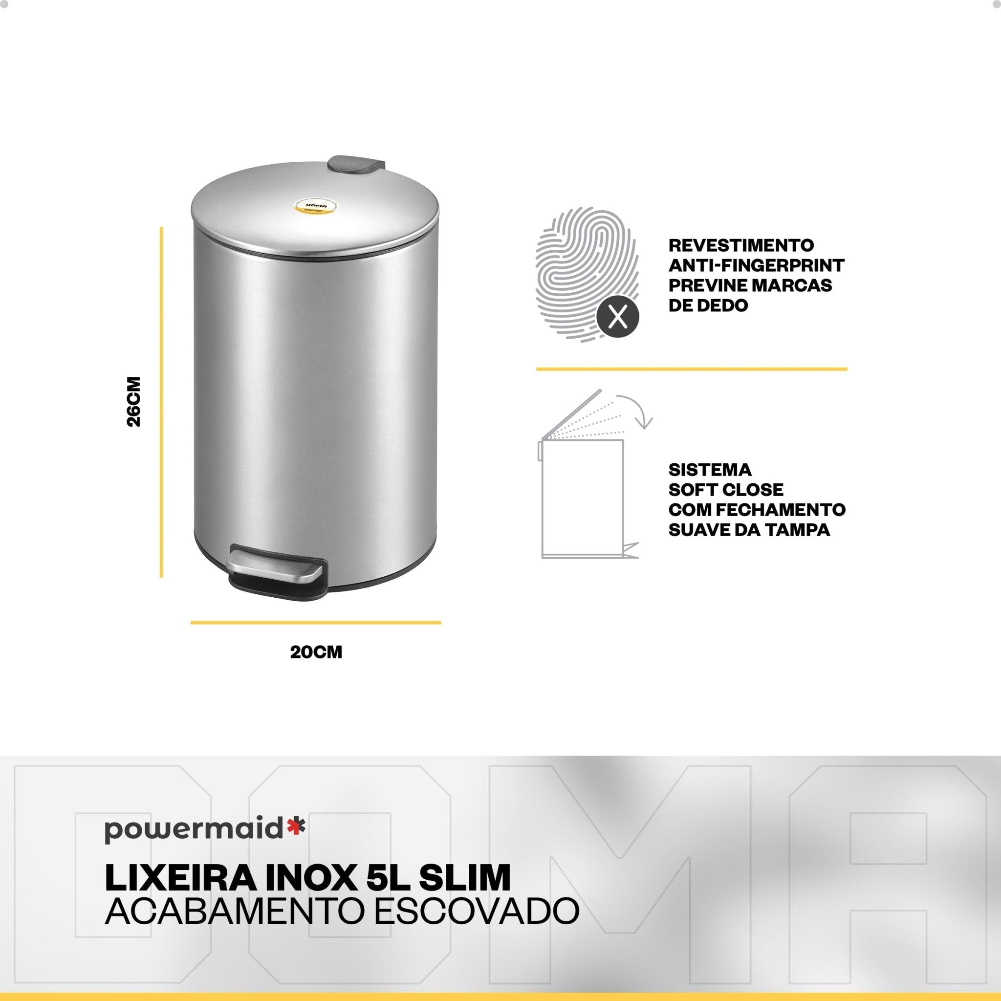 Powermaid Lixeira Slim Redonda Aço Inox Com Pedal 5 Litros - DOMA