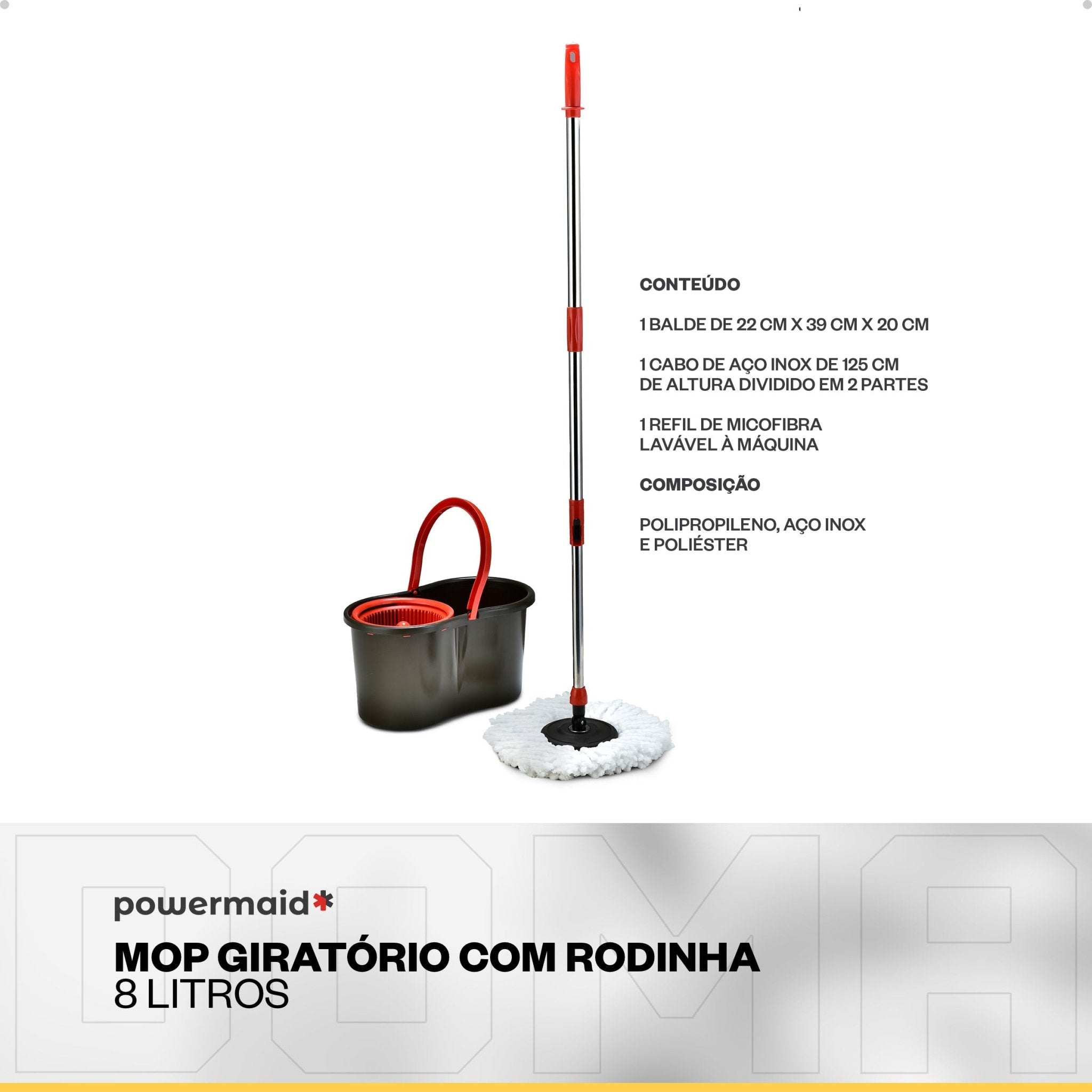 Powermaid Mop Giratório Esfregão Centrifugador Balde e Refil - DOMA