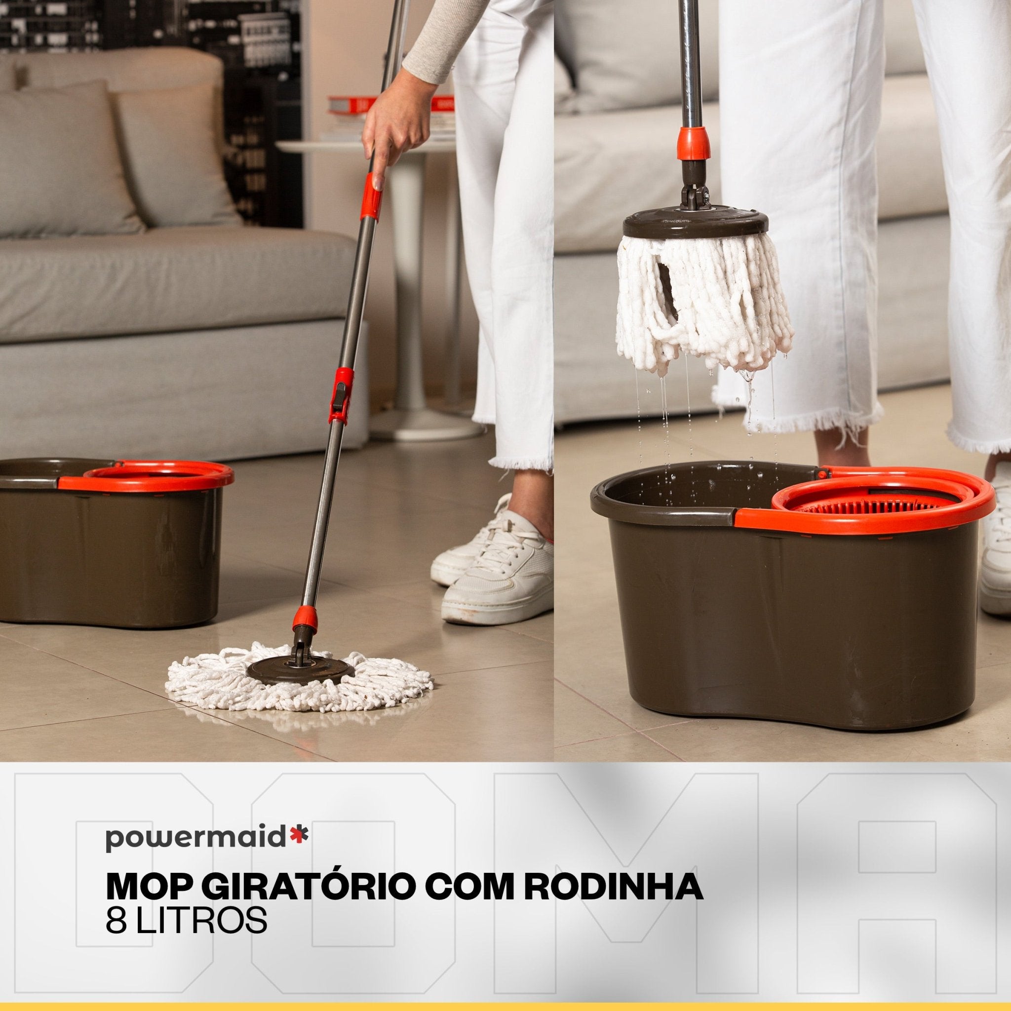 Powermaid Mop Giratório Esfregão Centrifugador Balde e Refil - DOMA