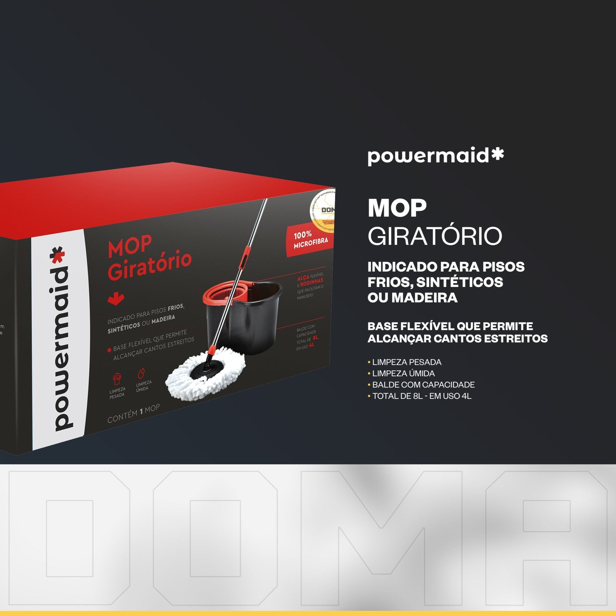 Powermaid Mop Giratório Esfregão Centrifugador Balde e Refil - DOMA